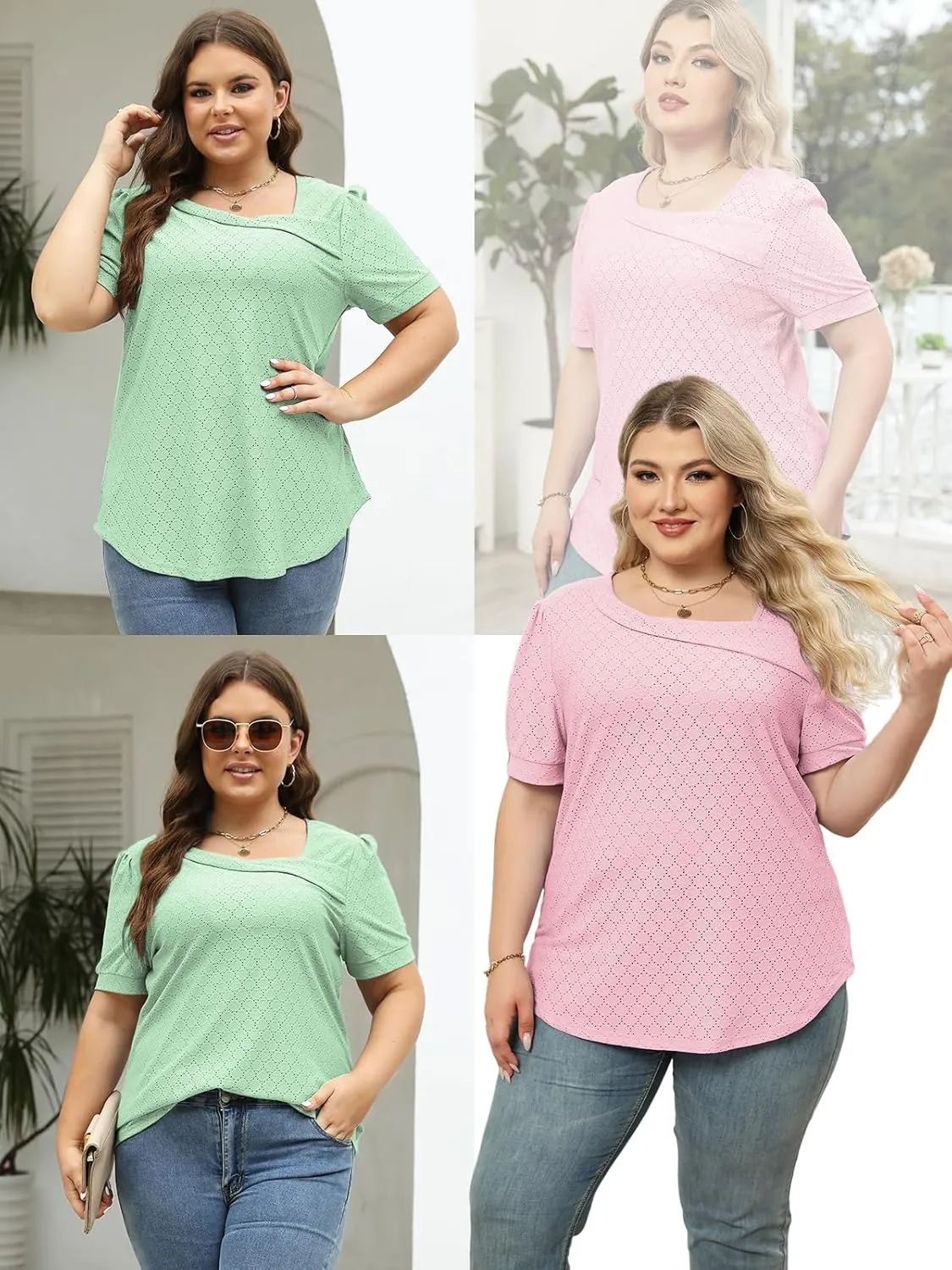 ROSRISS Plus-Size-Tops for Women Summer Puff Short Sleeve Shirts Asymmetrical Neck Cute Eyelet Tees