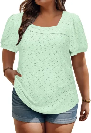 ROSRISS Plus-Size-Tops for Women Summer Puff Short Sleeve Shirts Asymmetrical Neck Cute Eyelet Tees