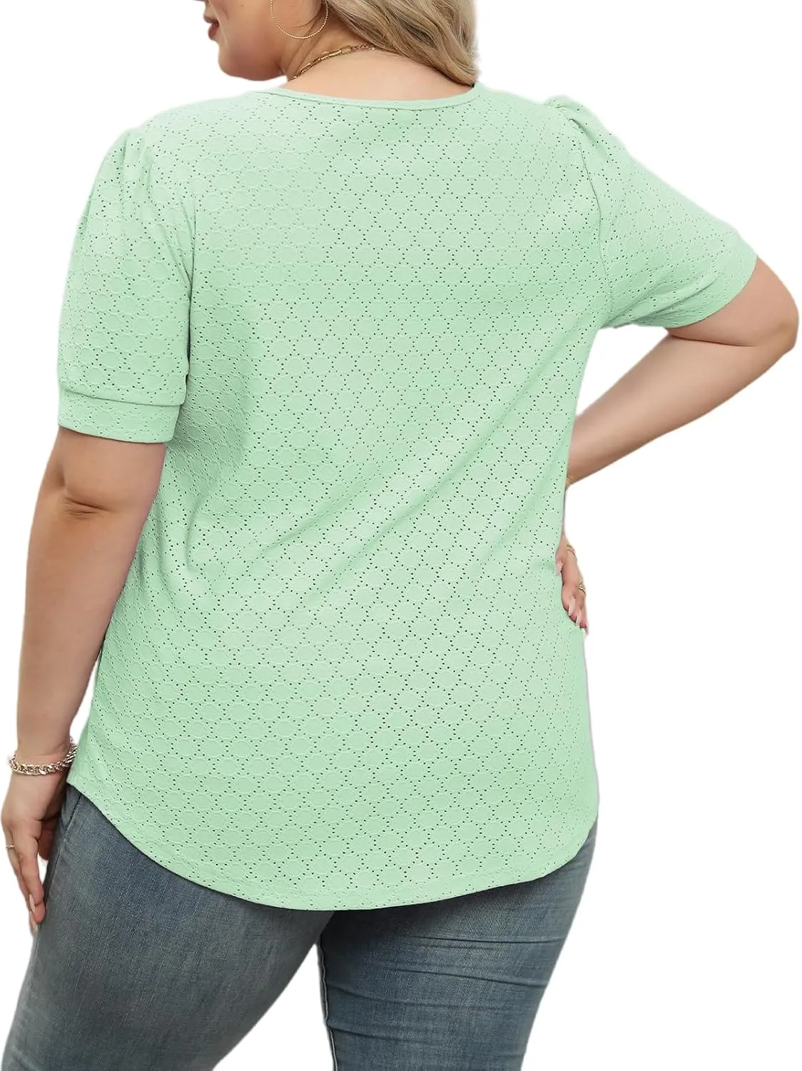 ROSRISS Plus-Size-Tops for Women Summer Puff Short Sleeve Shirts Asymmetrical Neck Cute Eyelet Tees