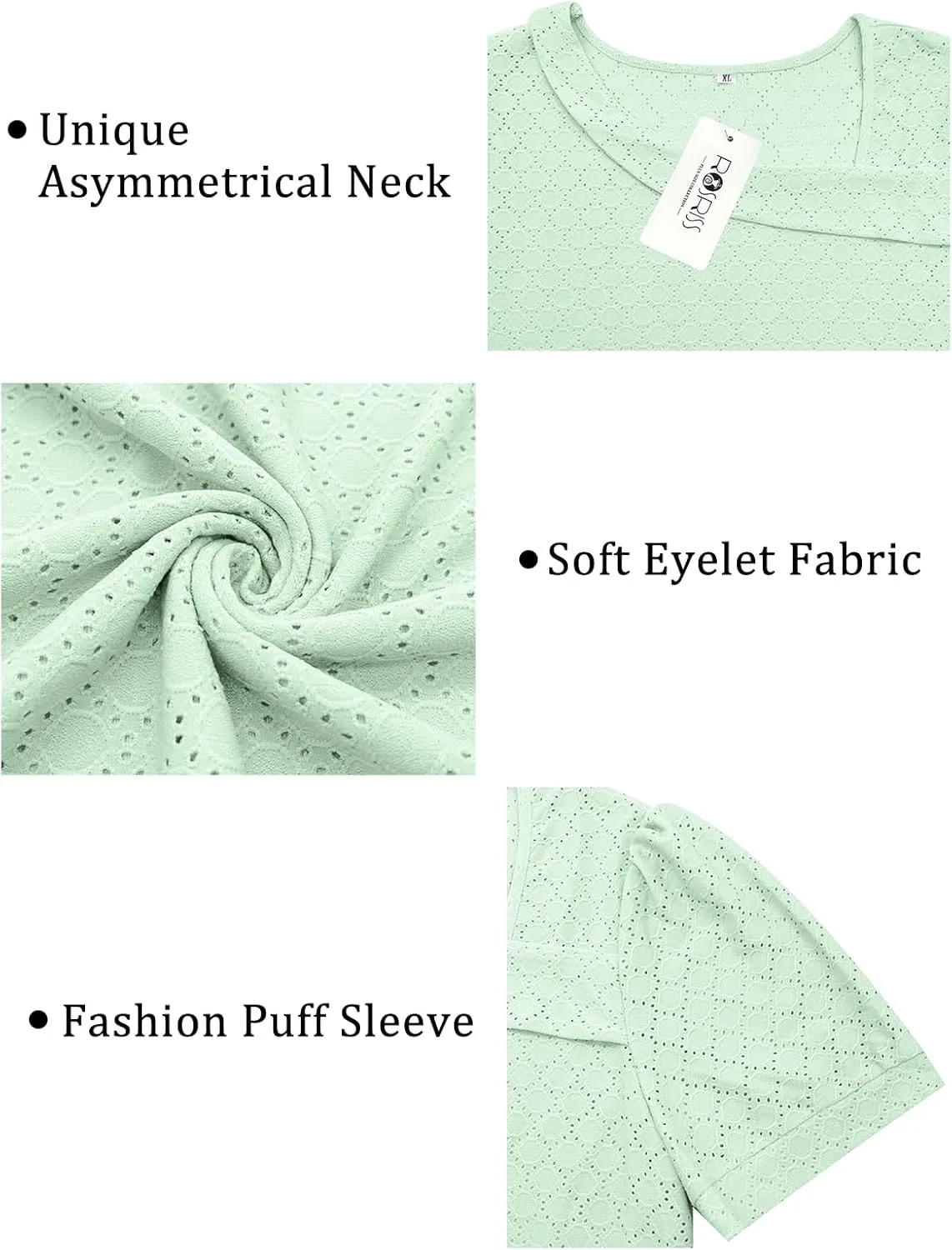 ROSRISS Plus-Size-Tops for Women Summer Puff Short Sleeve Shirts Asymmetrical Neck Cute Eyelet Tees