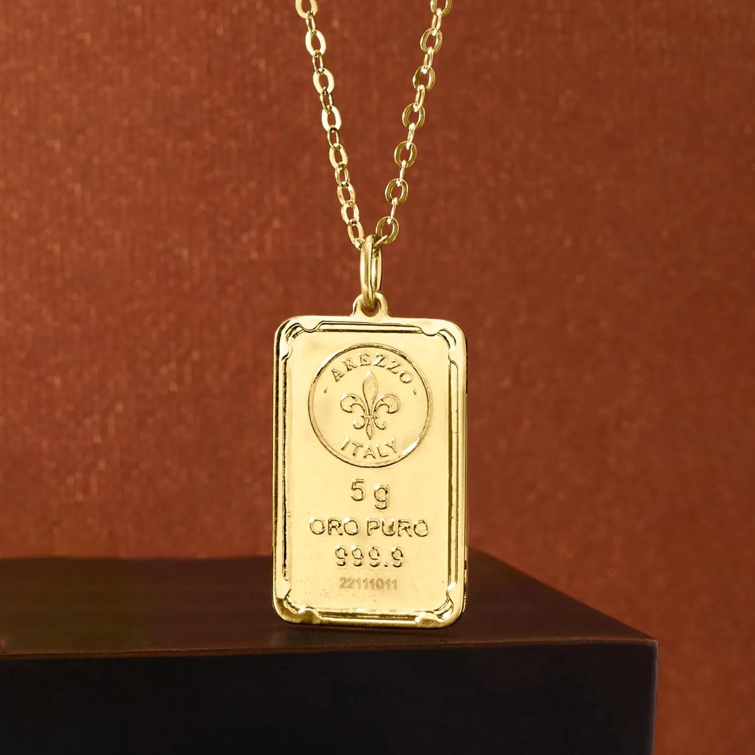 Ross-Simons Italian 24kt Yellow Gold Fleur-De-Lis 5-Gram Ingot Pendant Necklace With 14kt Gold Frame
