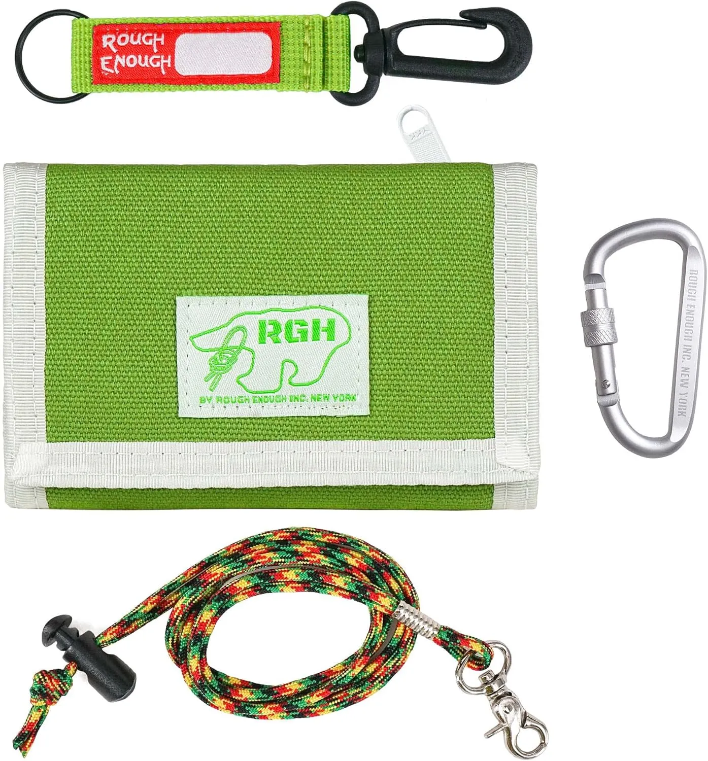 Rough Enough Kids Wallet for Boys Teen with Neck Lanyard Strap Keychain Zipper Coin Pocket Card Holder Green Canvas