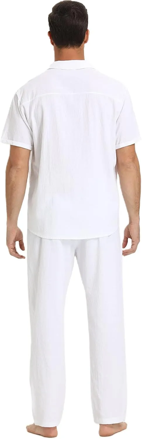 RPOVIG Linen Shirt Pants Outfits:Men's Linen Sets 2 Piece Short Sleeve Shirts Yoga Pants Beach Wedding Suits