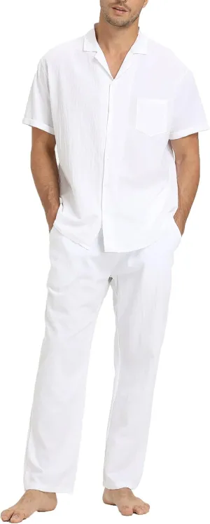 RPOVIG Linen Shirt Pants Outfits:Men's Linen Sets 2 Piece Short Sleeve Shirts Yoga Pants Beach Wedding Suits