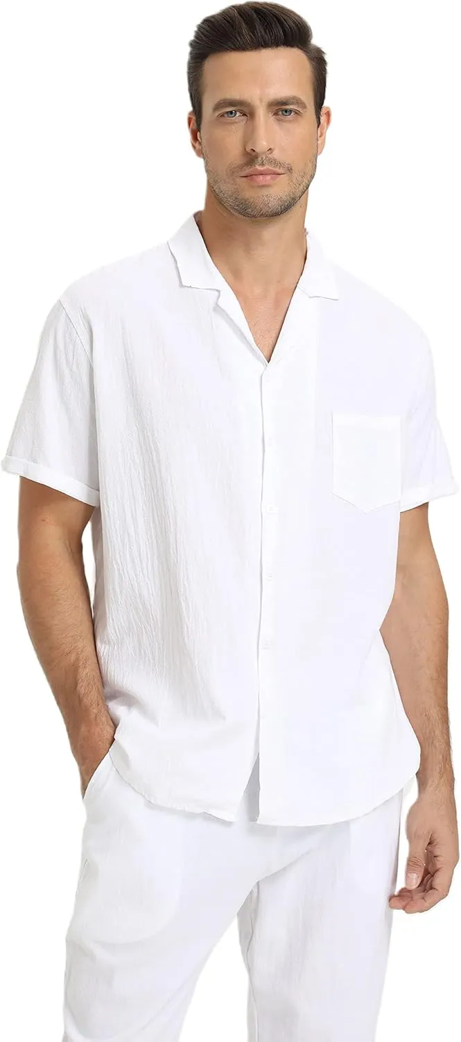 RPOVIG Linen Shirt Pants Outfits:Men's Linen Sets 2 Piece Short Sleeve Shirts Yoga Pants Beach Wedding Suits