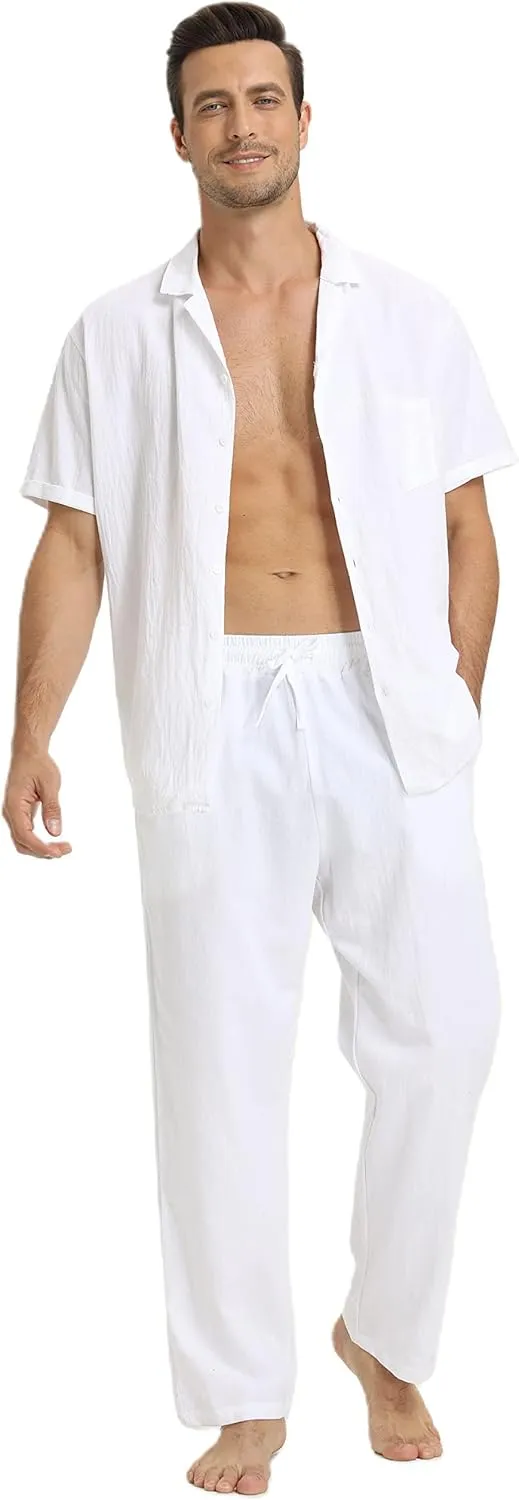 RPOVIG Linen Shirt Pants Outfits:Men's Linen Sets 2 Piece Short Sleeve Shirts Yoga Pants Beach Wedding Suits