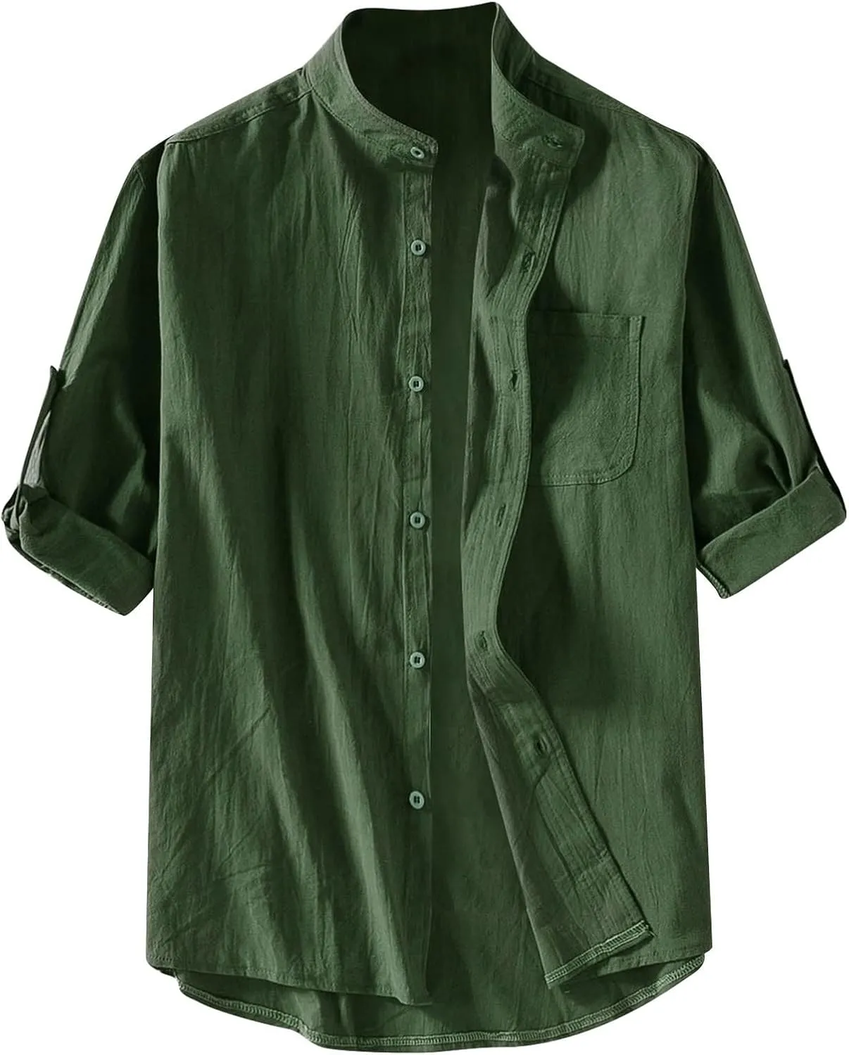 RTRDE Men's Linen Shirts Summer Stand-Up Collar Five-Point Mid-Sleeve Shirt Cotton Loose Solid Color Top Shirts