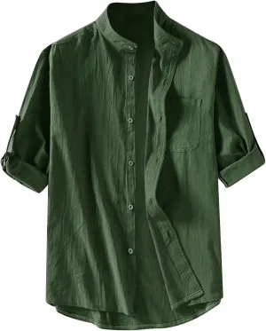 RTRDE Men's Linen Shirts Summer Stand-Up Collar Five-Point Mid-Sleeve Shirt Cotton Loose Solid Color Top Shirts