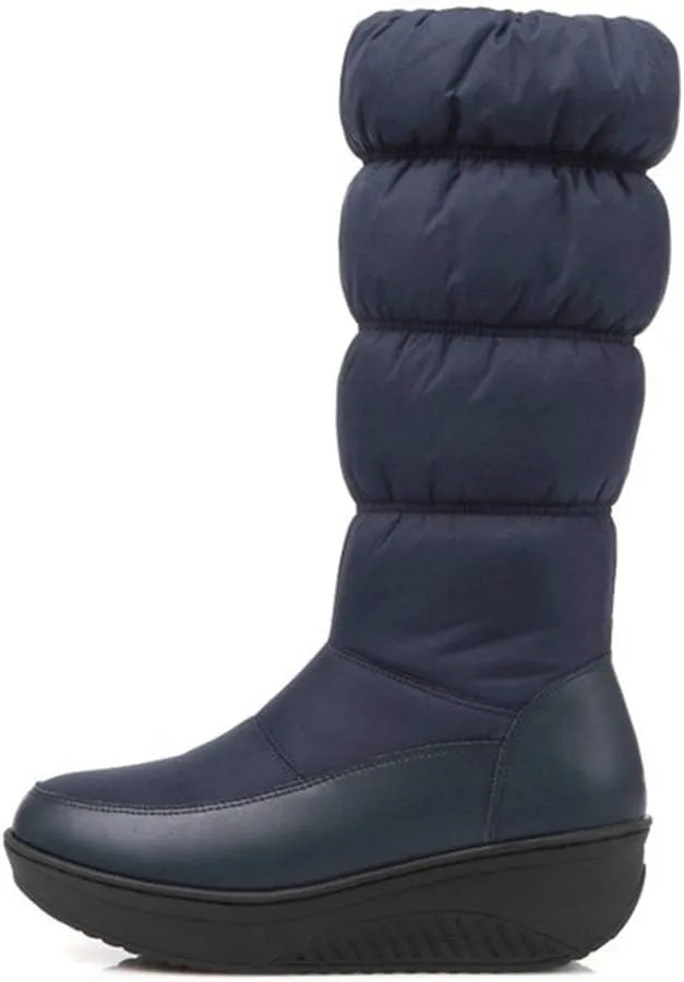 SACFOF Women's Winter Waterproof Rain Snow Boots Warm Mid Calf Thick Plush Warm Side Wedge Platform Cold Weather Snow Booties