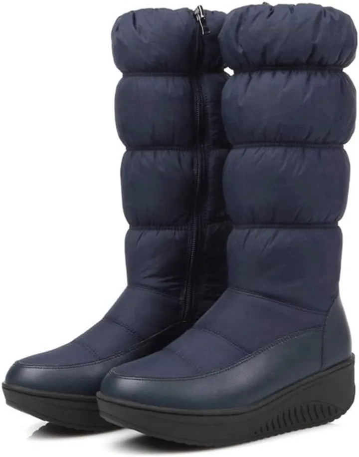 SACFOF Women's Winter Waterproof Rain Snow Boots Warm Mid Calf Thick Plush Warm Side Wedge Platform Cold Weather Snow Booties