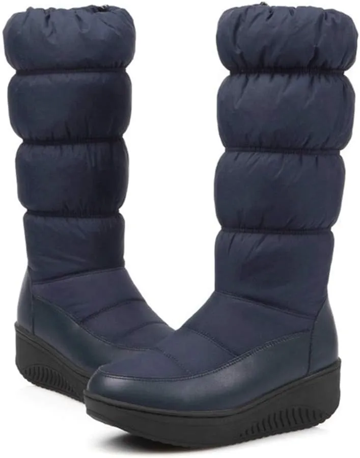 SACFOF Women's Winter Waterproof Rain Snow Boots Warm Mid Calf Thick Plush Warm Side Wedge Platform Cold Weather Snow Booties