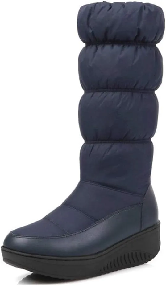SACFOF Women's Winter Waterproof Rain Snow Boots Warm Mid Calf Thick Plush Warm Side Wedge Platform Cold Weather Snow Booties