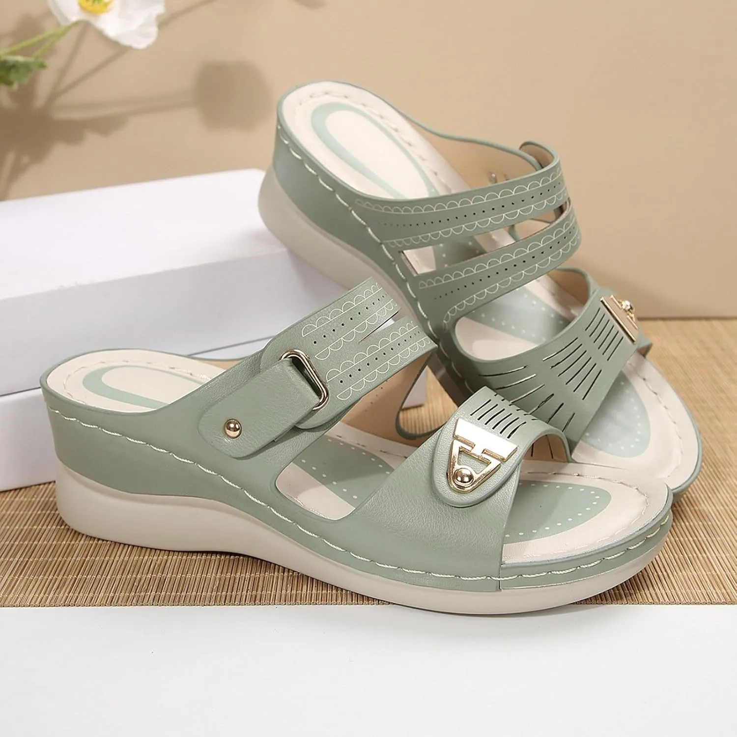 Sandals for Women 2025 Dressy Arch Support Orthopedic Sandal Metal Decoration Wide Width House Wedge Slippers Shoes