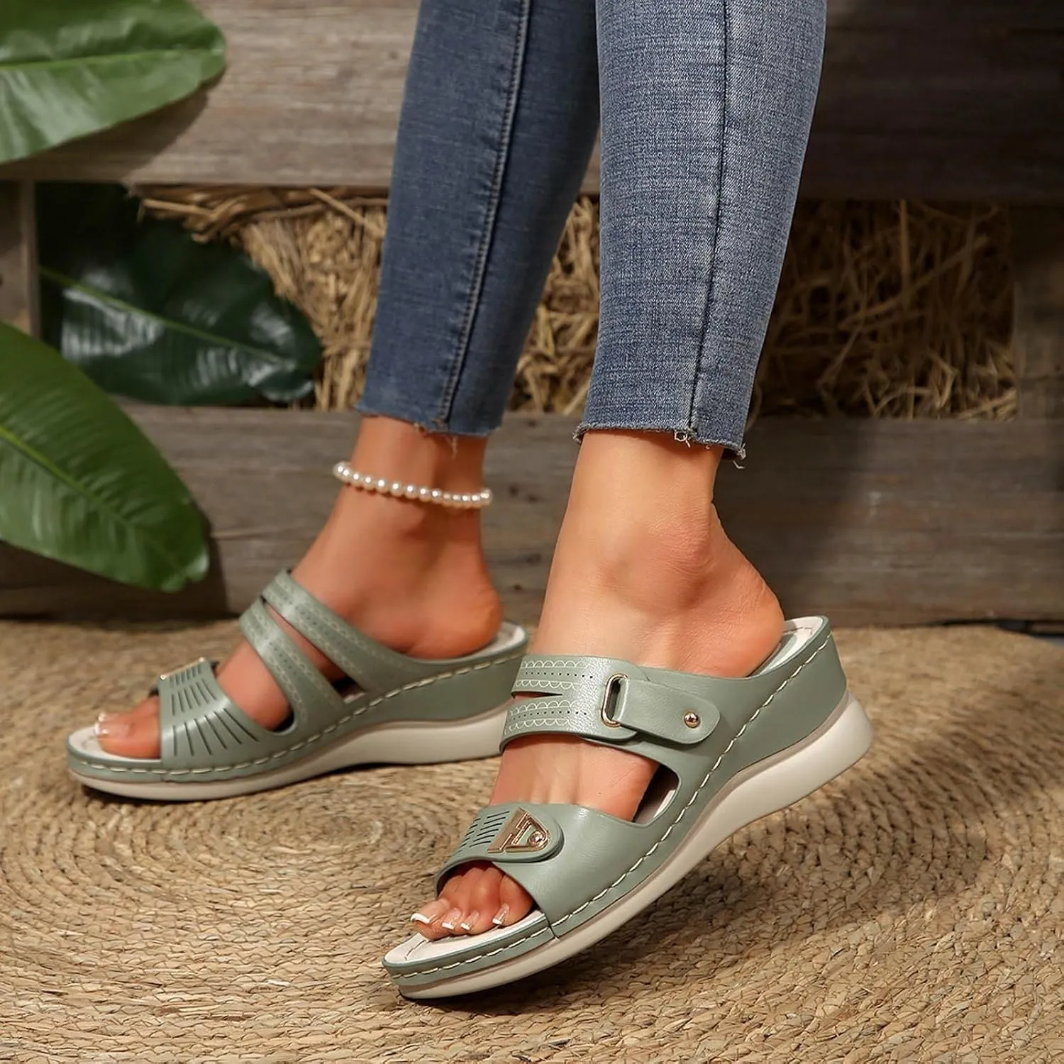 Sandals for Women 2025 Dressy Arch Support Orthopedic Sandal Metal Decoration Wide Width House Wedge Slippers Shoes