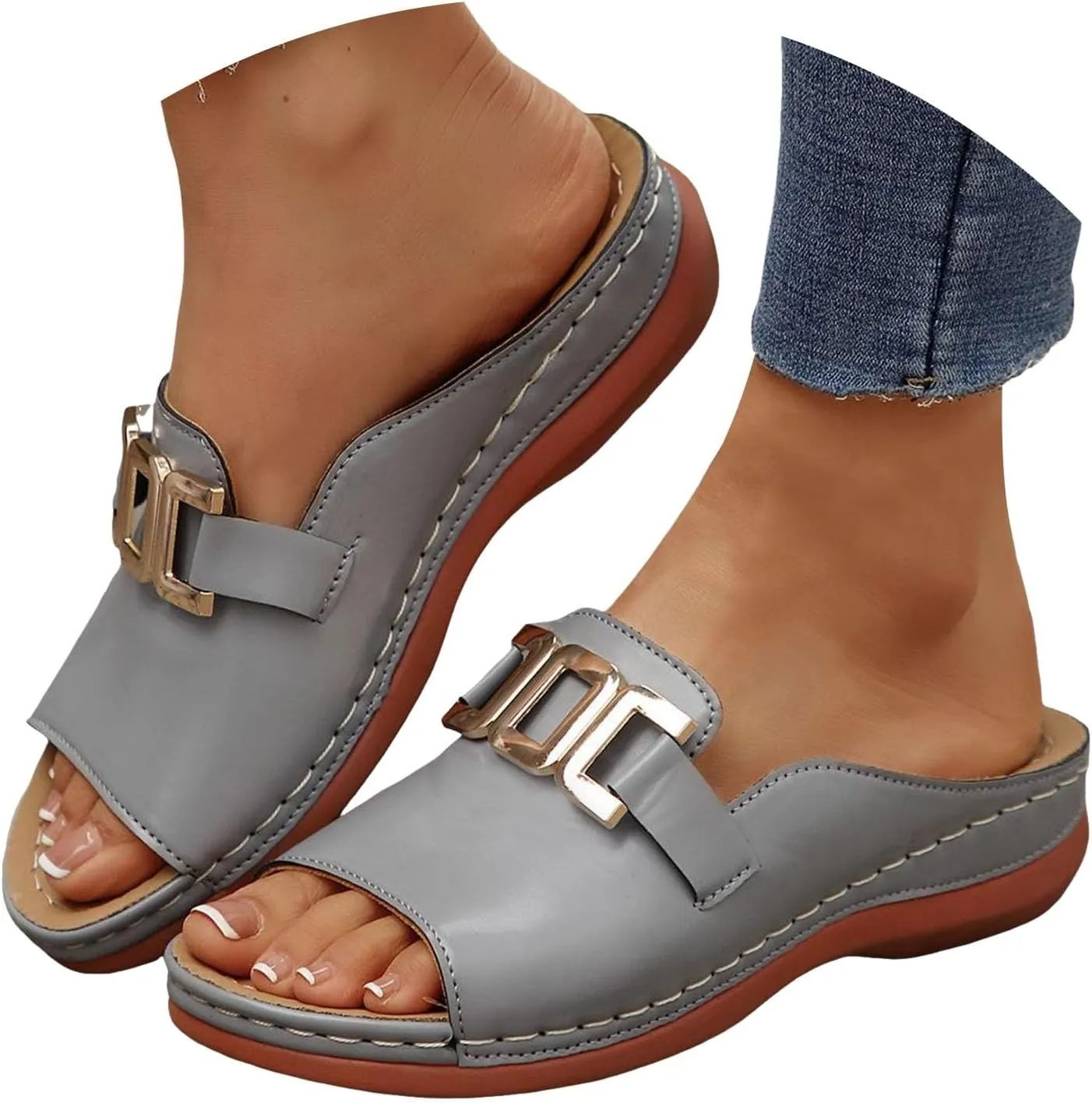 Sandals For Women 2025 Dressy Arch Support Slippers For Woman Metal Decoration Open Toe Wide Width Orthopedic Sandal