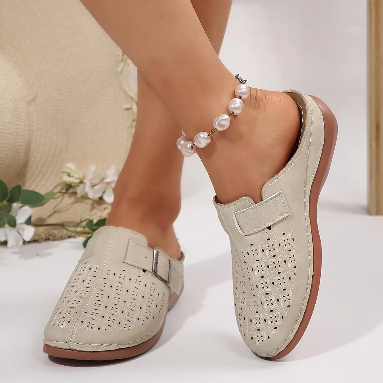 Sandals for Women 2025 Dressy Breathable Closed Toe Slippers For Woman Buckle Wedge Sandal Arch Support House Flats