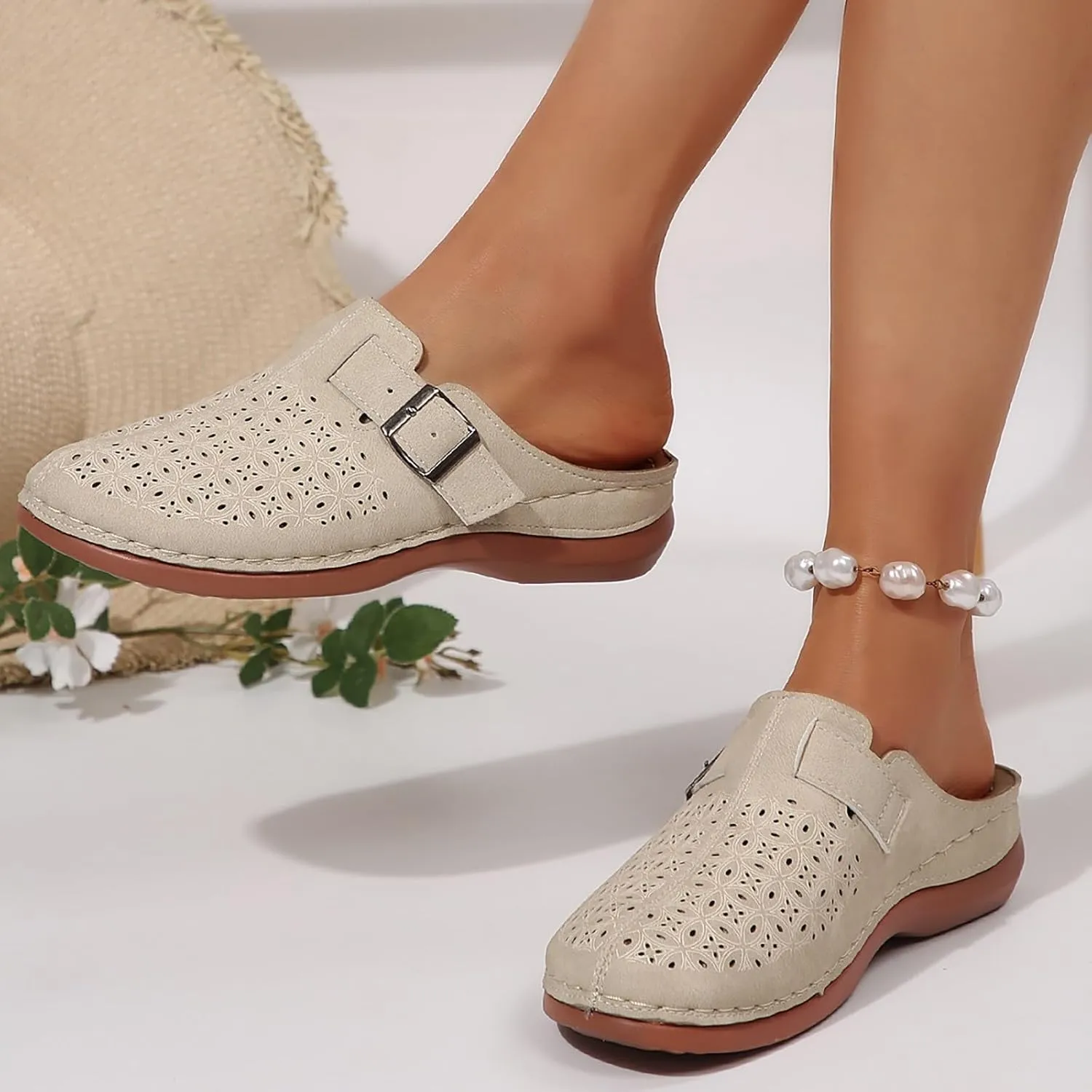 Sandals for Women 2025 Dressy Breathable Closed Toe Slippers For Woman Buckle Wedge Sandal Arch Support House Flats