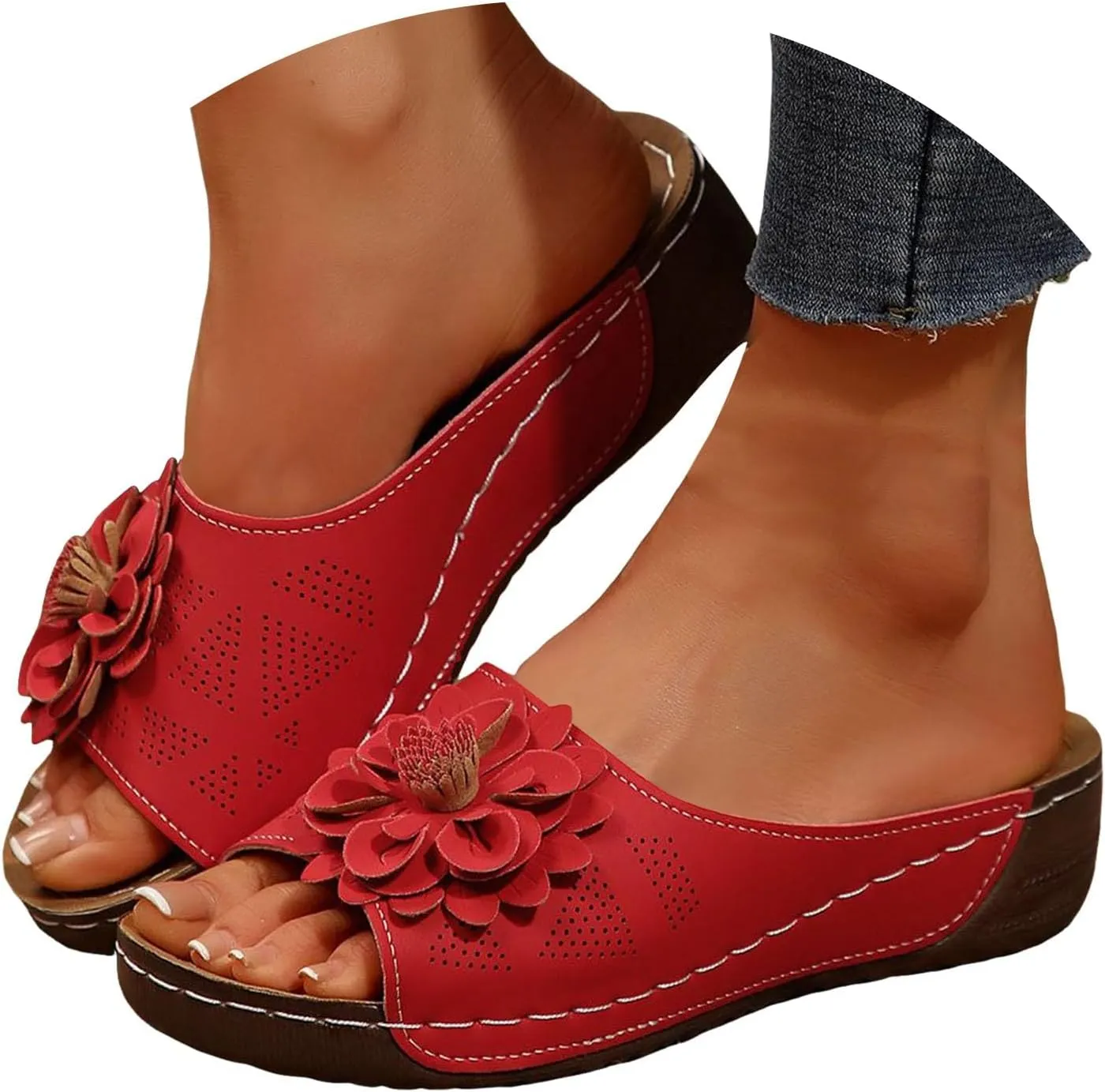 Sandals For Women 2025 Dressy Flower Wedges Sandal Women's Arch Support Wide Width Slippers Orthopedic Slides Shoes