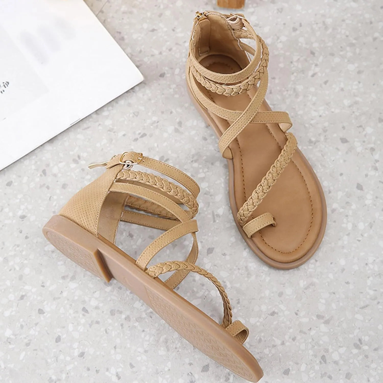 Sandals For Women 2025 Gladiator Sandal Ankle Buckle Flats Back Zipper Strappy Open Toe Summer Orthopedic Flat Shoes