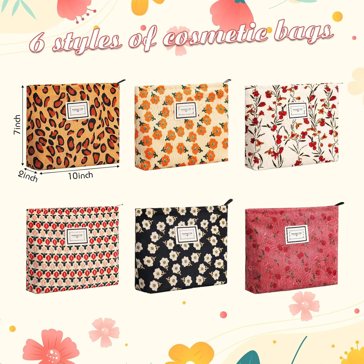 Sanwuta 6 Pcs Velvet Makeup Bag Large Capacity Corduroy Cosmetic Bag pattern Canvas Makeup Pouch with Zipper Travel Toiletry Accessories Organizer for Women Girls Gifts, 10 x 7 Inch(Flower)