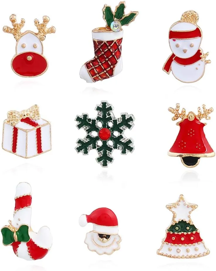 Set 9 Pcs Christmas Themed Brooch Pins Enamel Jewelry Breastpin Santa Claus Snowman Jingle Bell Christmas Tree Stockings Candy Cane Snow Reindeer Gift Ornaments Lapel Pin for Christmas Decoration
