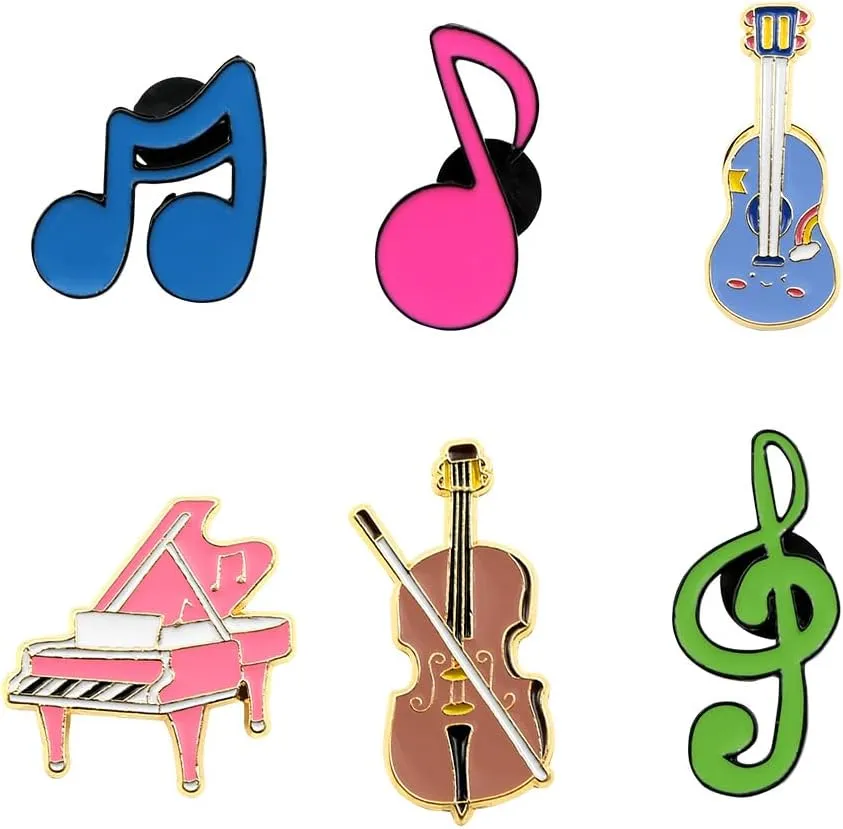 Set of 6 Music Themed Brooch Pins Enamel Musical Notes Brooches Guitar Violin Piano Brooches Breastpin Instruments Lapel Pins for Birthday Girls Boys Clothes Scarf Backpack Accessories Badges