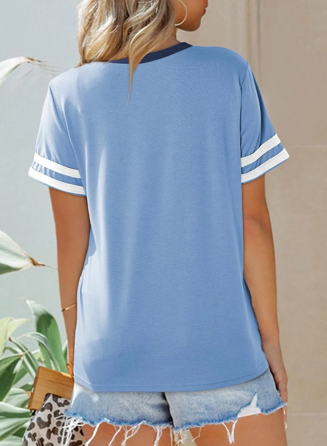 SHEWIN Women's Fashion Casual Crewneck Color Block T Shirts Short Sleeve Summer Tops Tees Slim Fit