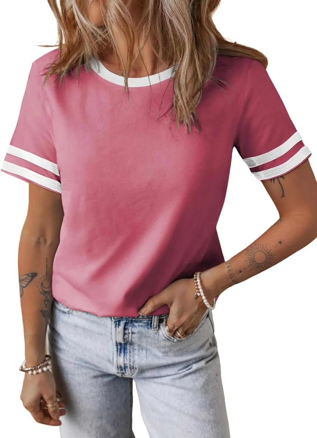 SHEWIN Women's Fashion Casual Crewneck Color Block T Shirts Short Sleeve Summer Tops Tees Slim Fit