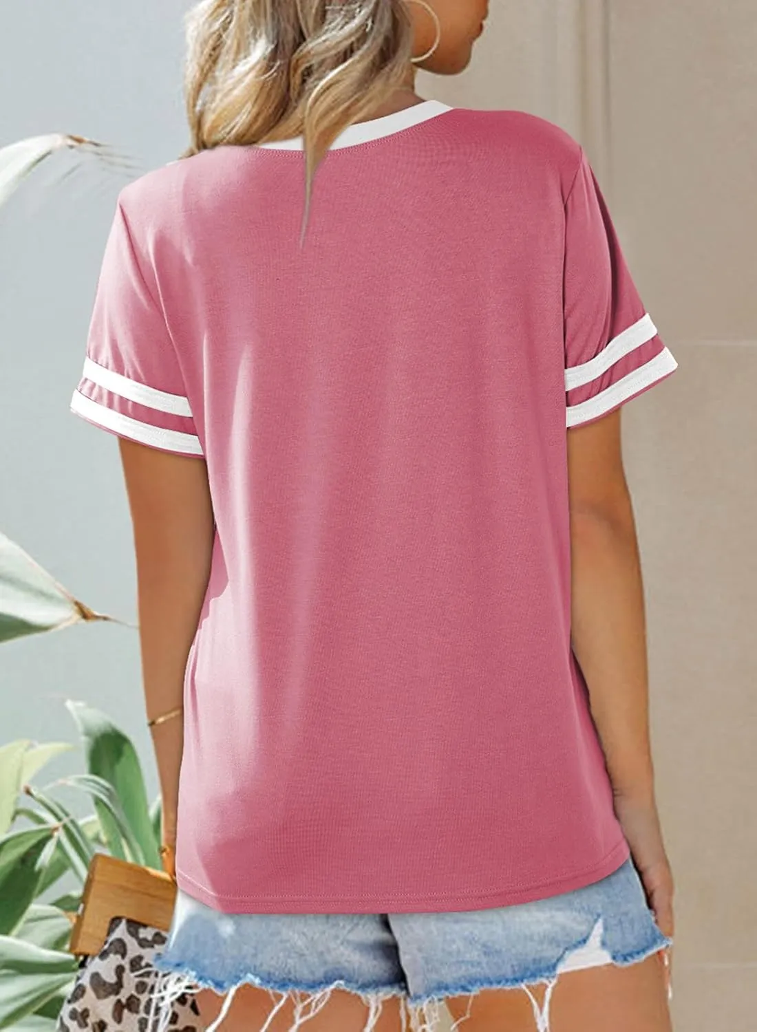 SHEWIN Women's Fashion Casual Crewneck Color Block T Shirts Short Sleeve Summer Tops Tees Slim Fit