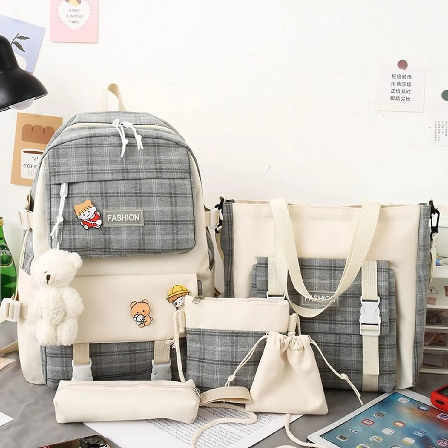 SHINsuke 5Pcs Kawaii School Backpacks Combo Cute Bear Pendant Pins Plaid Check Back To School Supplies Canvas Schoolbag Daypack (Grey)