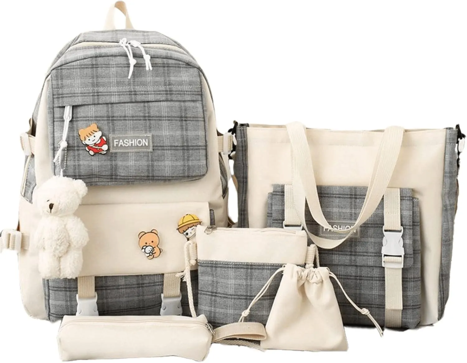 SHINsuke 5Pcs Kawaii School Backpacks Combo Cute Bear Pendant Pins Plaid Check Back To School Supplies Canvas Schoolbag Daypack (Grey)