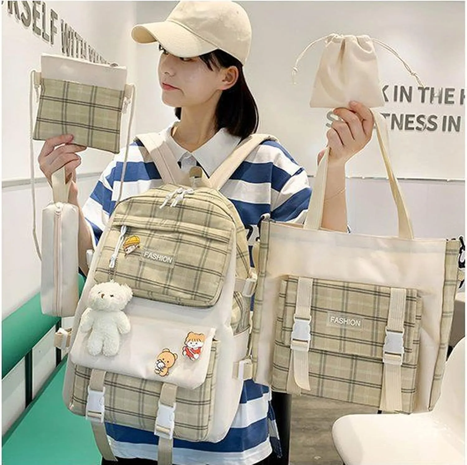 SHINsuke 5Pcs Kawaii School Backpacks Combo Cute Bear Pendant Pins Plaid Check Back To School Supplies Canvas Schoolbag Daypack (Khaki)