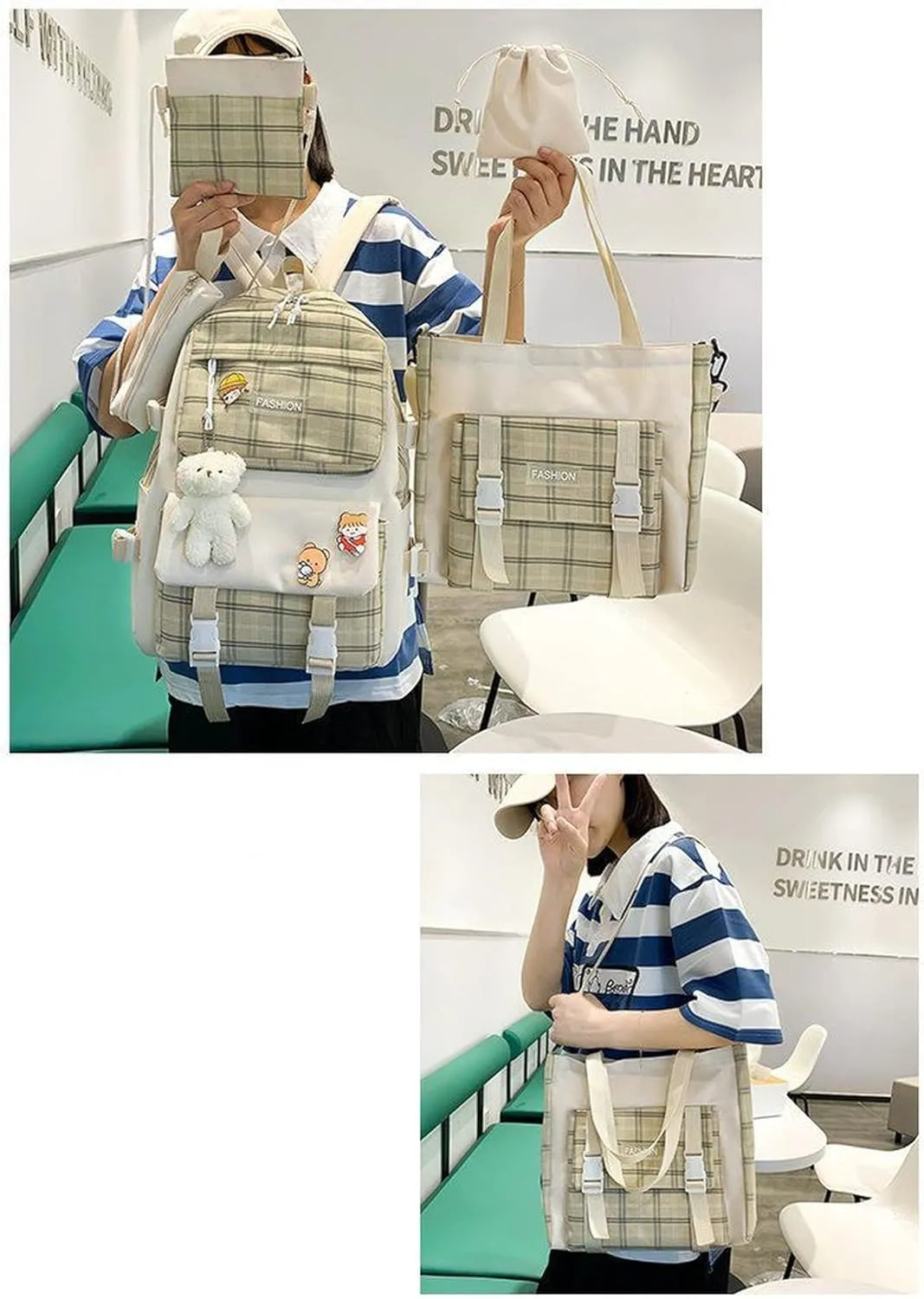 SHINsuke 5Pcs Kawaii School Backpacks Combo Cute Bear Pendant Pins Plaid Check Back To School Supplies Canvas Schoolbag Daypack (Khaki)