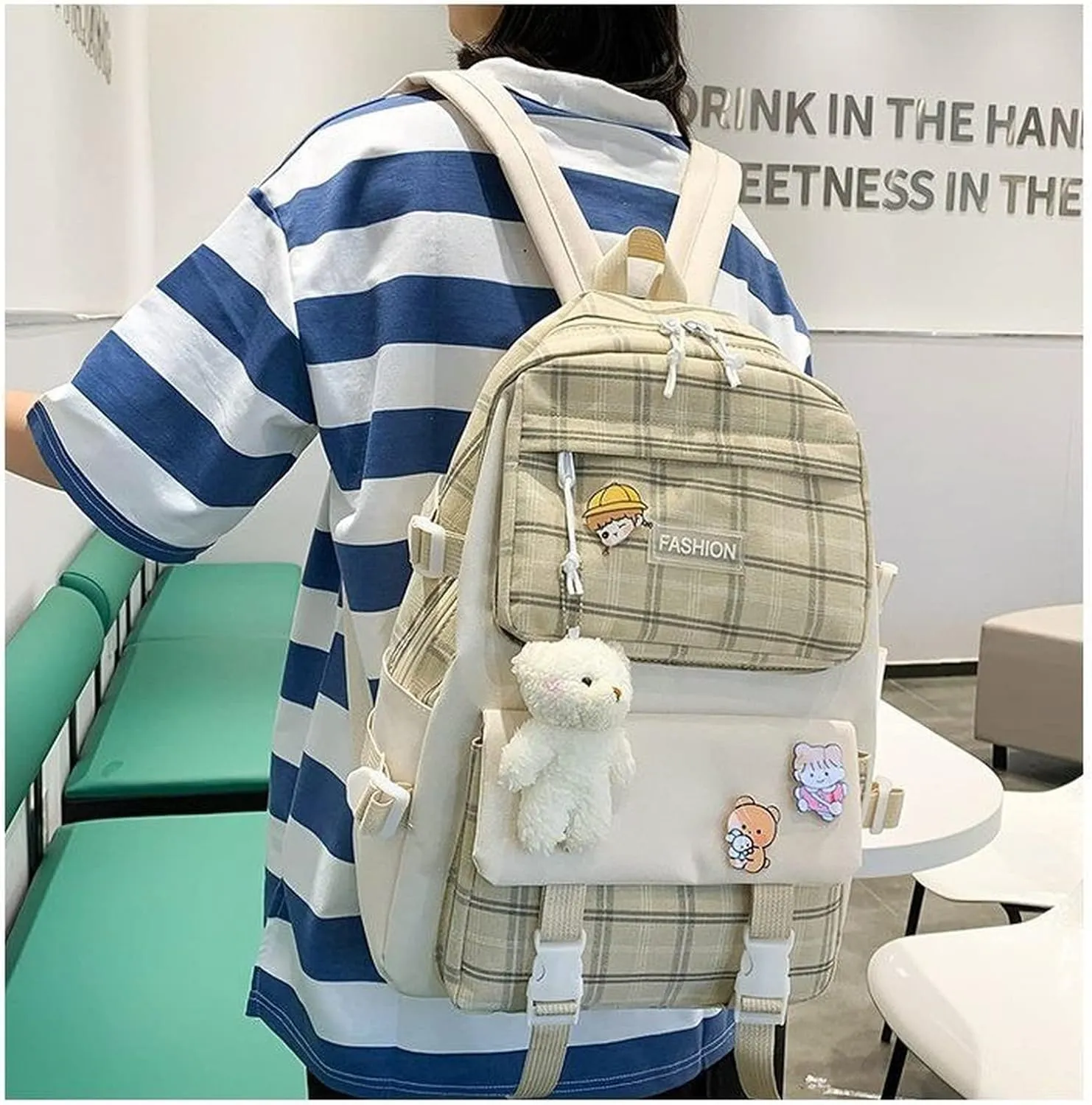 SHINsuke 5Pcs Kawaii School Backpacks Combo Cute Bear Pendant Pins Plaid Check Back To School Supplies Canvas Schoolbag Daypack (Khaki)