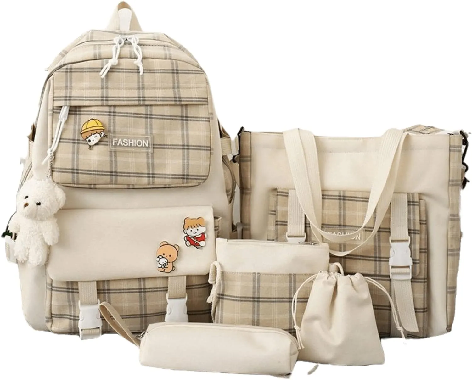 SHINsuke 5Pcs Kawaii School Backpacks Combo Cute Bear Pendant Pins Plaid Check Back To School Supplies Canvas Schoolbag Daypack (Khaki)