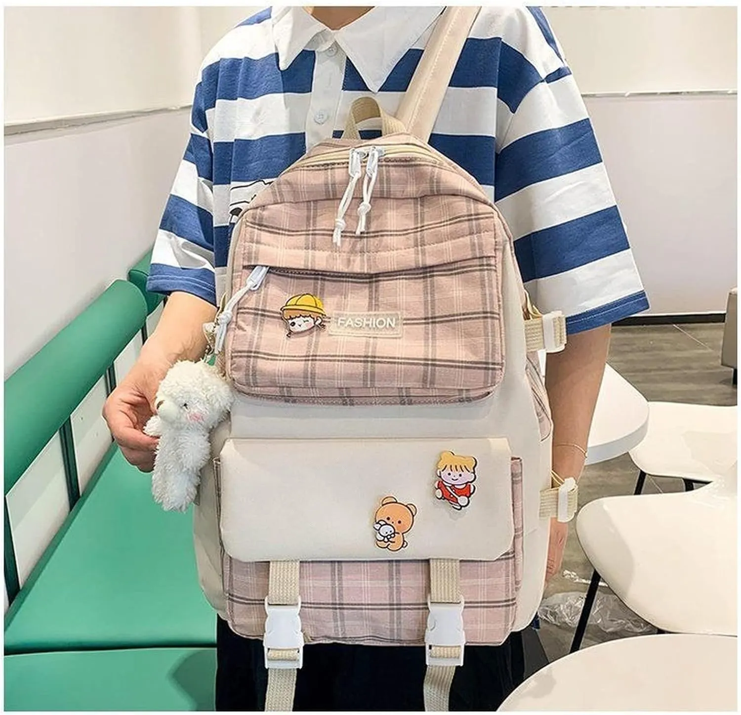 SHINsuke 5Pcs Kawaii School Backpacks Combo Cute Bear Pendant Pins Plaid Check Back To School Supplies Canvas Schoolbag Daypack (Pink)
