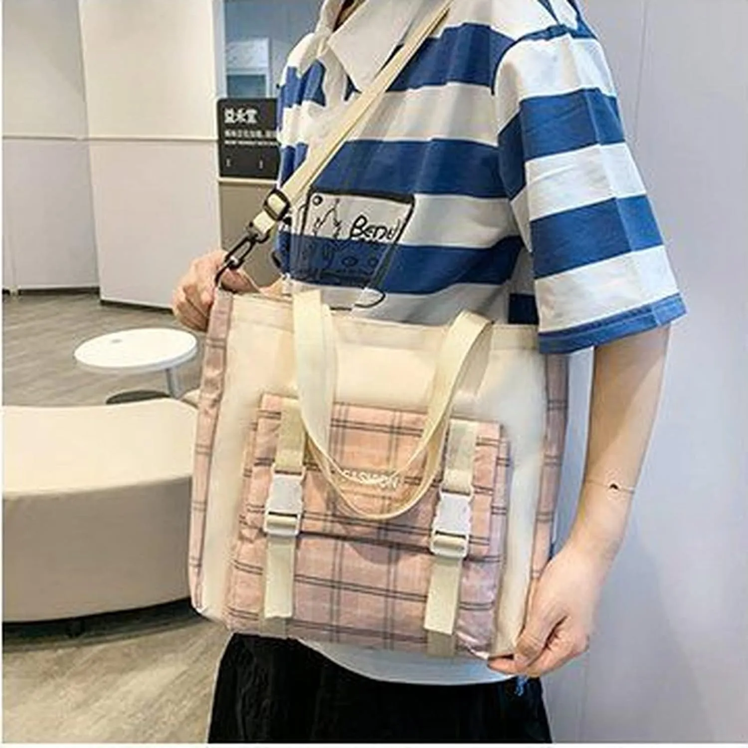 SHINsuke 5Pcs Kawaii School Backpacks Combo Cute Bear Pendant Pins Plaid Check Back To School Supplies Canvas Schoolbag Daypack (Pink)