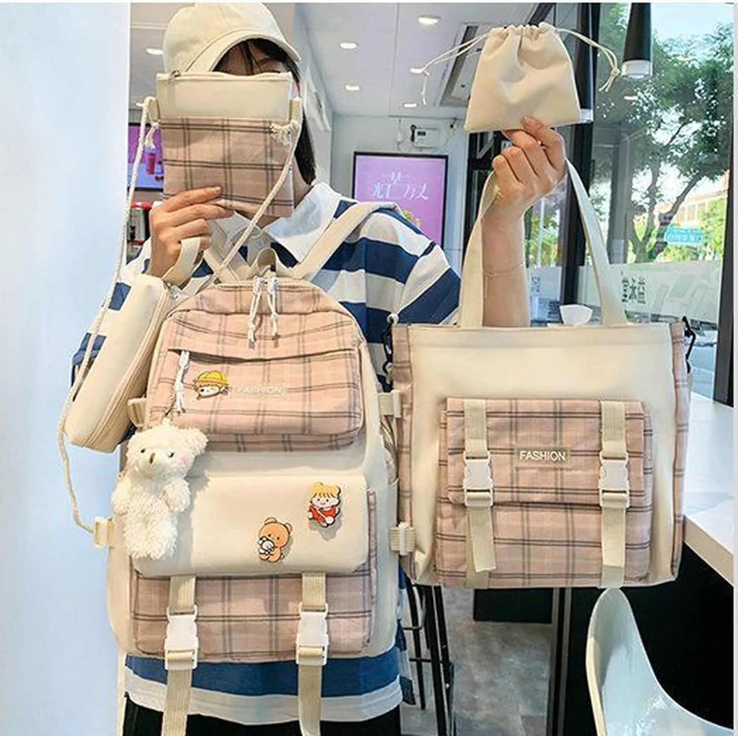 SHINsuke 5Pcs Kawaii School Backpacks Combo Cute Bear Pendant Pins Plaid Check Back To School Supplies Canvas Schoolbag Daypack (Pink)