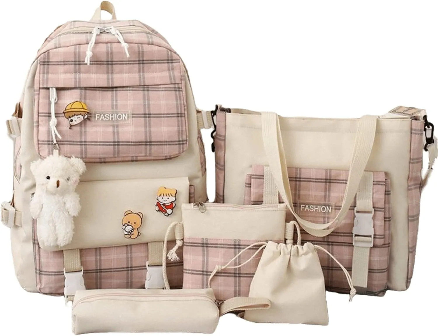 SHINsuke 5Pcs Kawaii School Backpacks Combo Cute Bear Pendant Pins Plaid Check Back To School Supplies Canvas Schoolbag Daypack (Pink)