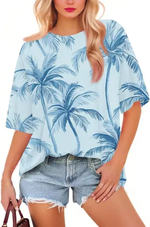 Short Sleeve Hawaiian Shirts Floral Tropic Printed Pleated Crew Neck Summer Casual T-Shirt Trendy Boho Blouses Tops