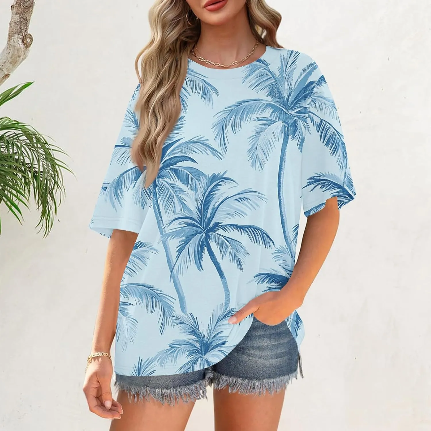 Short Sleeve Hawaiian Shirts Floral Tropic Printed Pleated Crew Neck Summer Casual T-Shirt Trendy Boho Blouses Tops