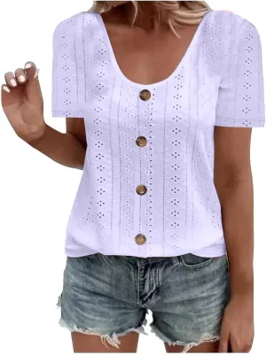 Short Sleeve Shirts for Women Dressy Casual Hollow Button Scoop Neck Solid Color Blouses Cute Sexy Summer Tops