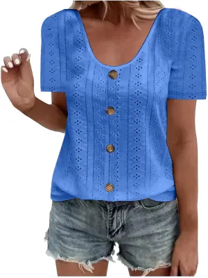 Short Sleeve Shirts for Women Dressy Casual Hollow Button Scoop Neck Solid Color Blouses Cute Sexy Summer Tops