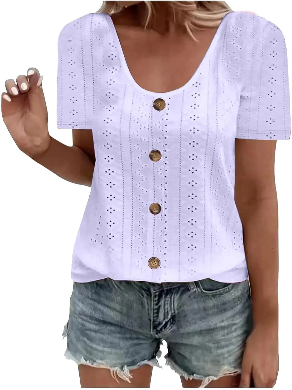 Short Sleeve Shirts for Women Dressy Casual Hollow Button Scoop Neck Solid Color Blouses Cute Sexy Summer Tops
