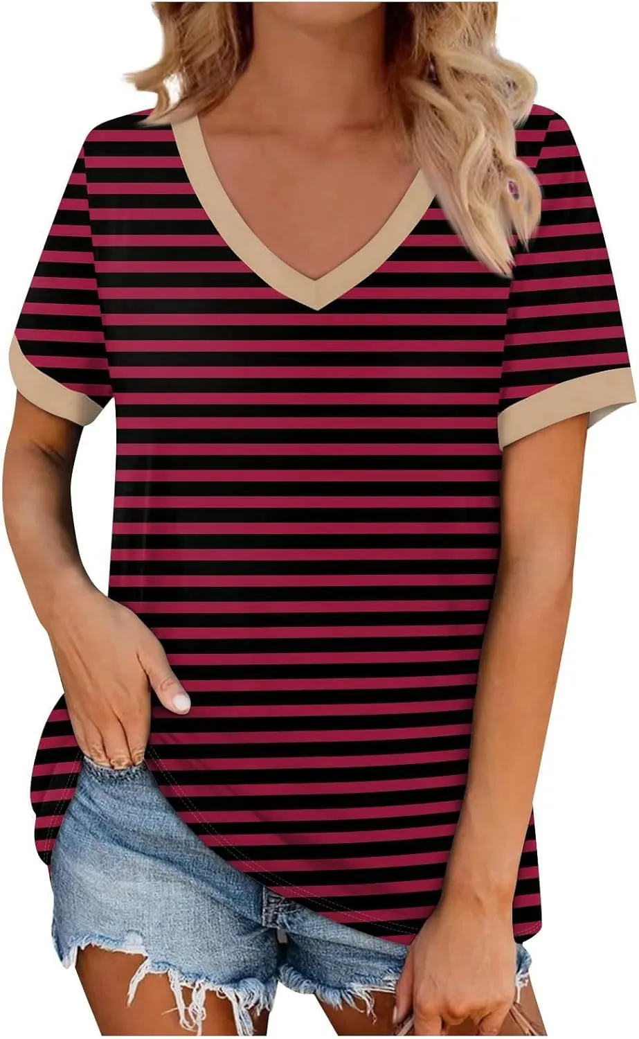 Short Sleeve Shirts for Women Dressy Casual Loose Fit Striped V Neck Blouses Daily Work Dating T Shirts
