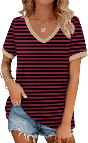 Short Sleeve Shirts for Women Dressy Casual Loose Fit Striped V Neck Blouses Daily Work Dating T Shirts