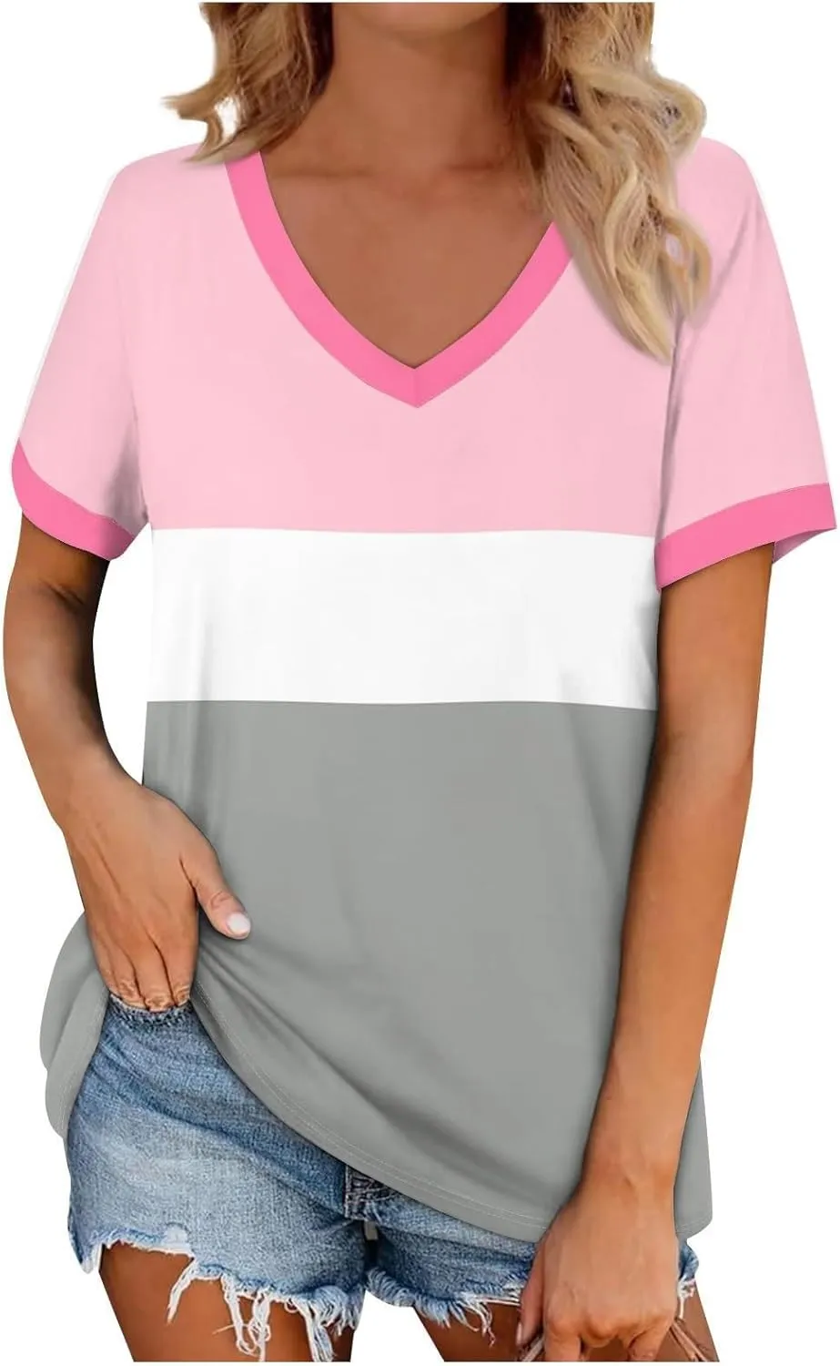 Short Sleeve Shirts for Women Dressy Casual Loose Fit Striped V Neck Blouses Daily Work Dating T Shirts
