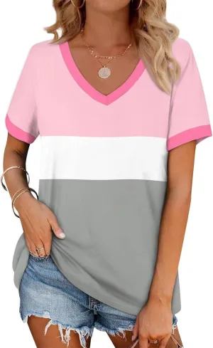Short Sleeve Shirts for Women Dressy Casual Loose Fit Striped V Neck Blouses Daily Work Dating T Shirts