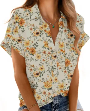 Short Sleeve Shirts for Women V Neck Loose Collared Button Down Shirt Casual Summer Tops with Pockets Beach Blouse