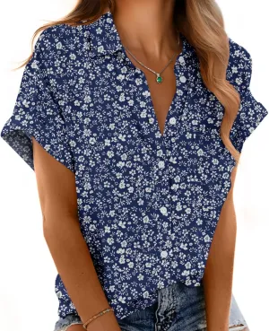 Short Sleeve Shirts for Women V Neck Loose Collared Button Down Shirt Casual Summer Tops with Pockets Beach Blouse